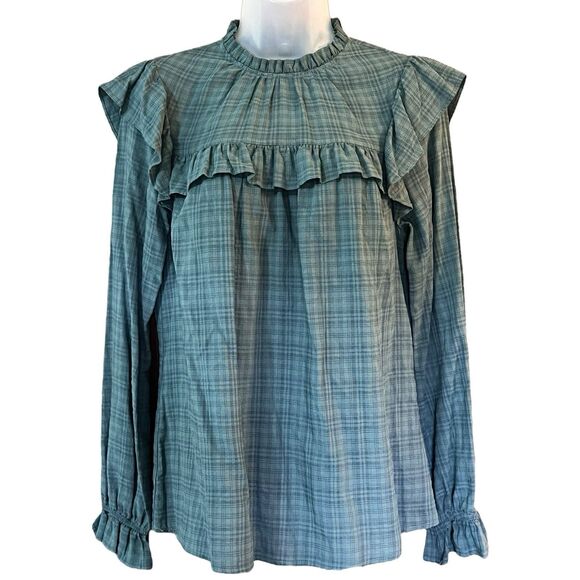 Universal Threads Green/Blue Plaid Ruffled Shirt Sz Small Prairie Cottagecore - Picture 8 of 14